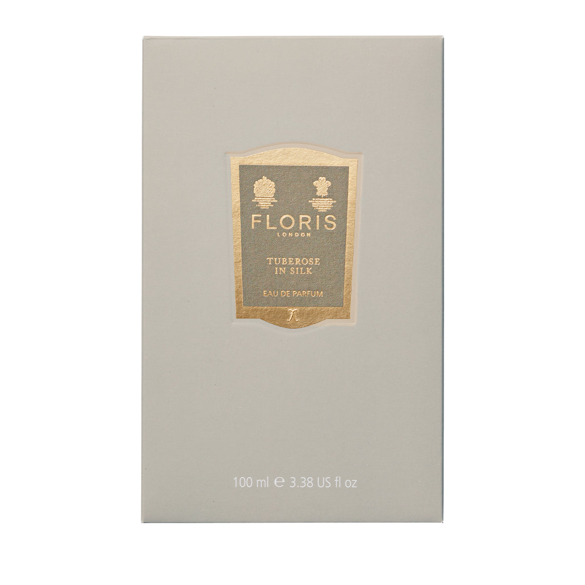 A beige box of Floris London's "Tuberose in Silk" Eau de Parfum, 100 ml, reveals a captivating fragrance with hints of jasmine.