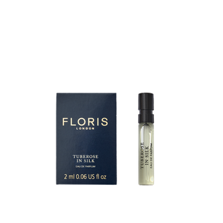 Floris London's Tuberose in Silk Eau de Parfum sample comes in a blue box with a 2ml spray vial and features tuberose and jasmine notes.