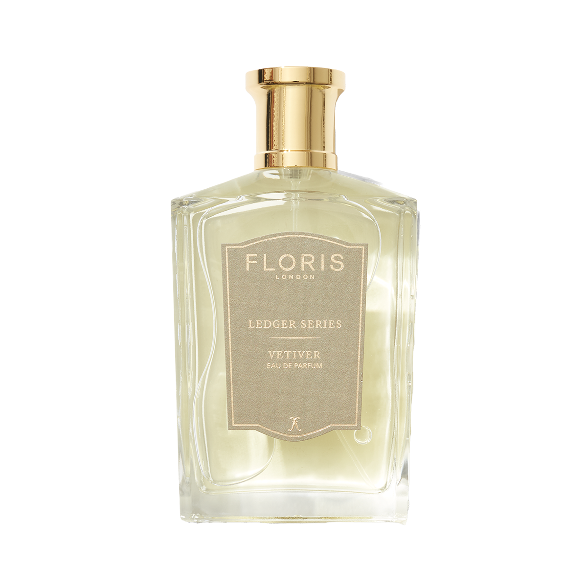 Elegant vetiver scent in a transparent bottle with a gold cap, labeled "Floris London UK Vetiver Eau de Parfum.