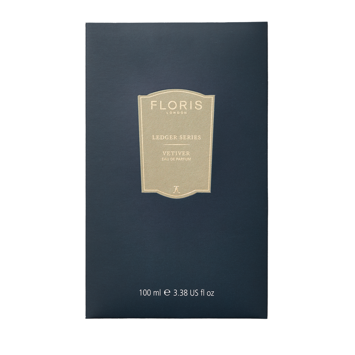 Navy box of Floris London UK's Vetiver Eau de Parfum, 100 ml, offering a sophisticated scent with hints of vetiver and amber.