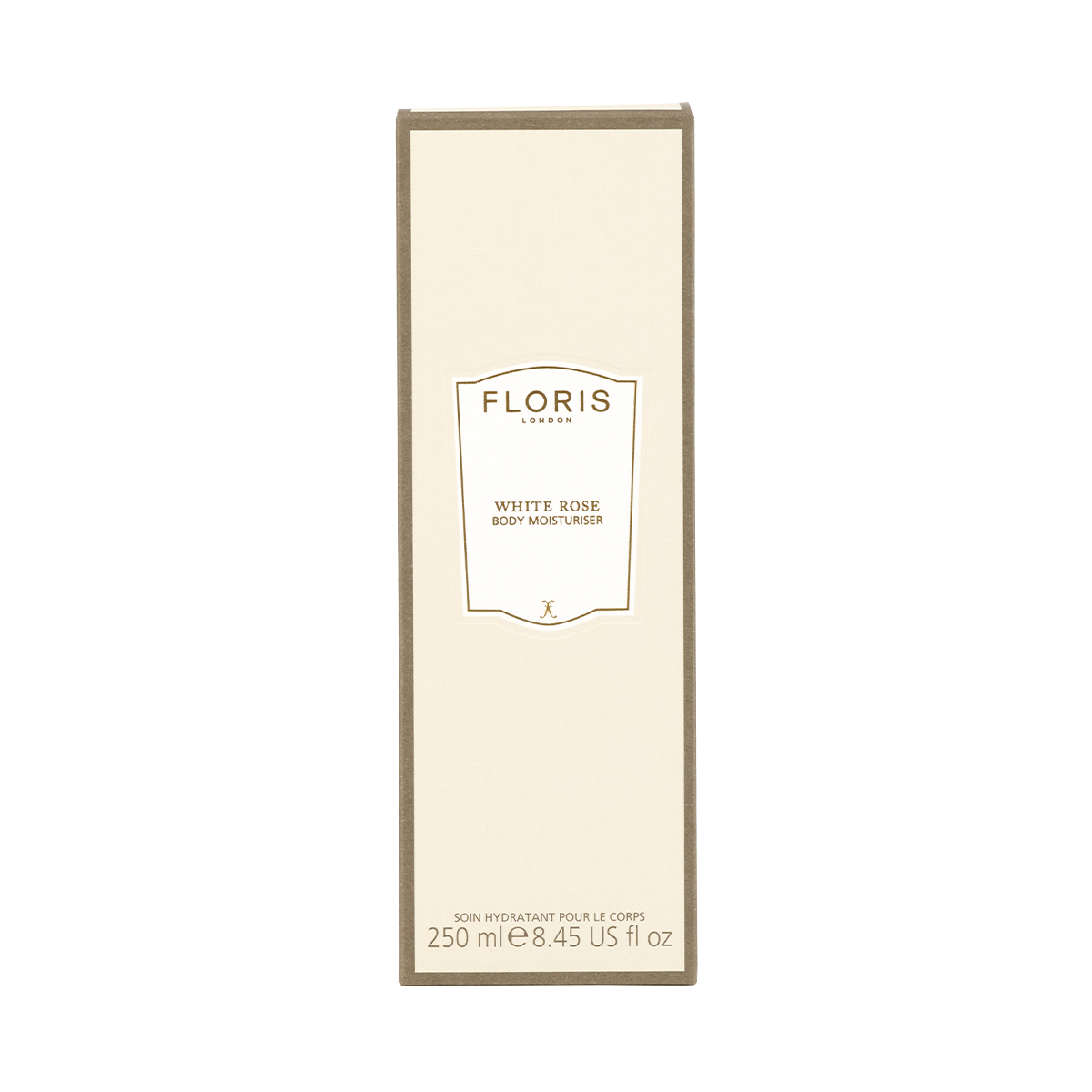 Floris London White Rose - Enriched Body Moisturiser, 250ml, with sweet almond oil for anti-ageing, in a beige box upright against a plain background.