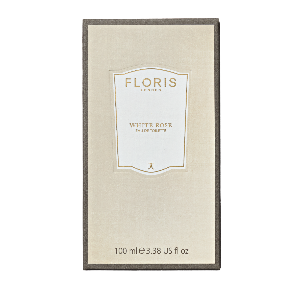 A beige Floris London box labeled "White Rose - Eau de Toilette" features notes of velvet roses and warm amber, containing 100 ml (3.38 US fl oz).