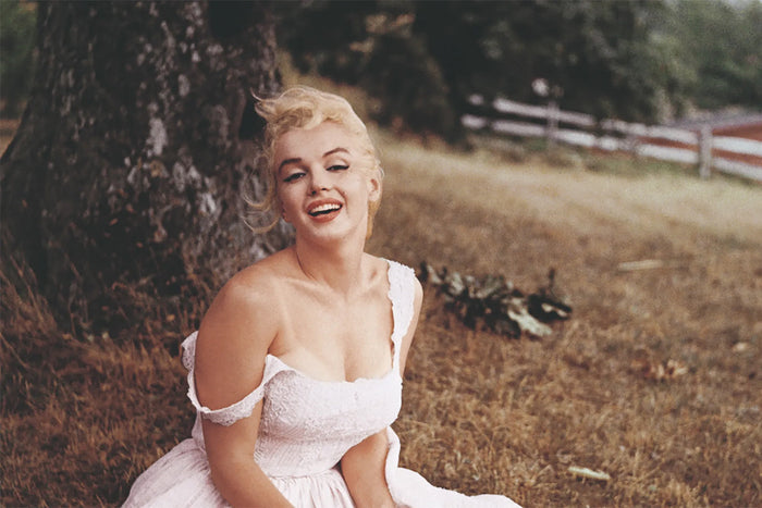 A smiling Marilyn Monroe sat on the grass in front of a large tree, wearing a classic white lace dress. 