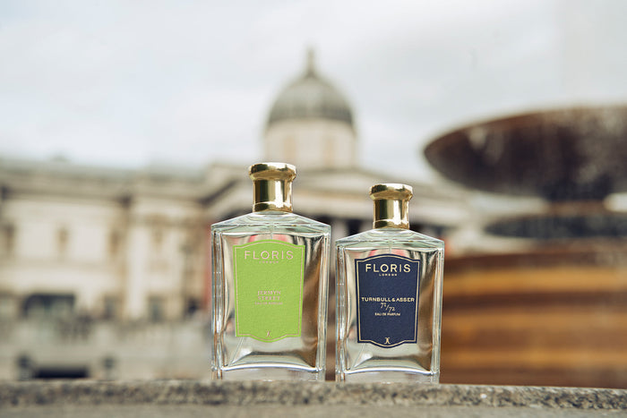 A bottle of Jermyn Street and 71/72 from Floris London, in front of the National Gallery