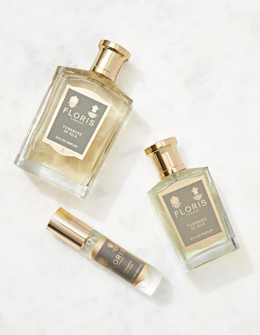 three bottle sizes of tuberose in silk eau de parfum