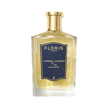 A bottle of Floris London 71/72 Eau de Parfum with a vegan formula, featuring a gold cap and navy label.