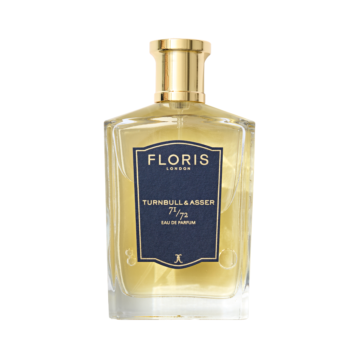 A bottle of Floris London 71/72 Eau de Parfum with a vegan formula, featuring a gold cap and navy label.