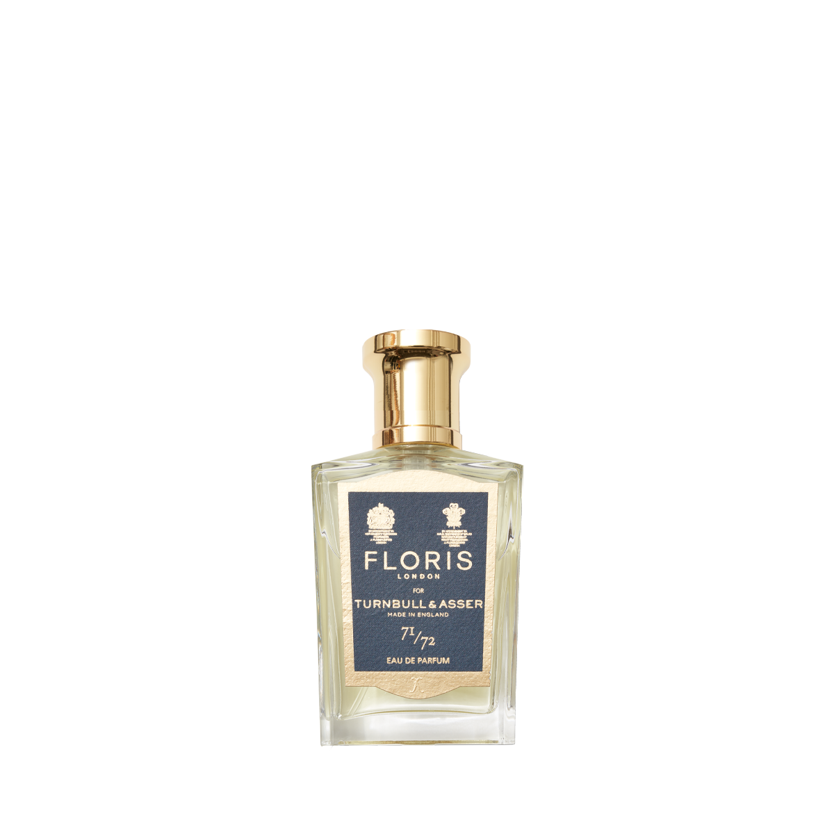 A bottle of Floris London 71/72 Eau de Parfum, vegan-friendly with a gold cap and a blue label.