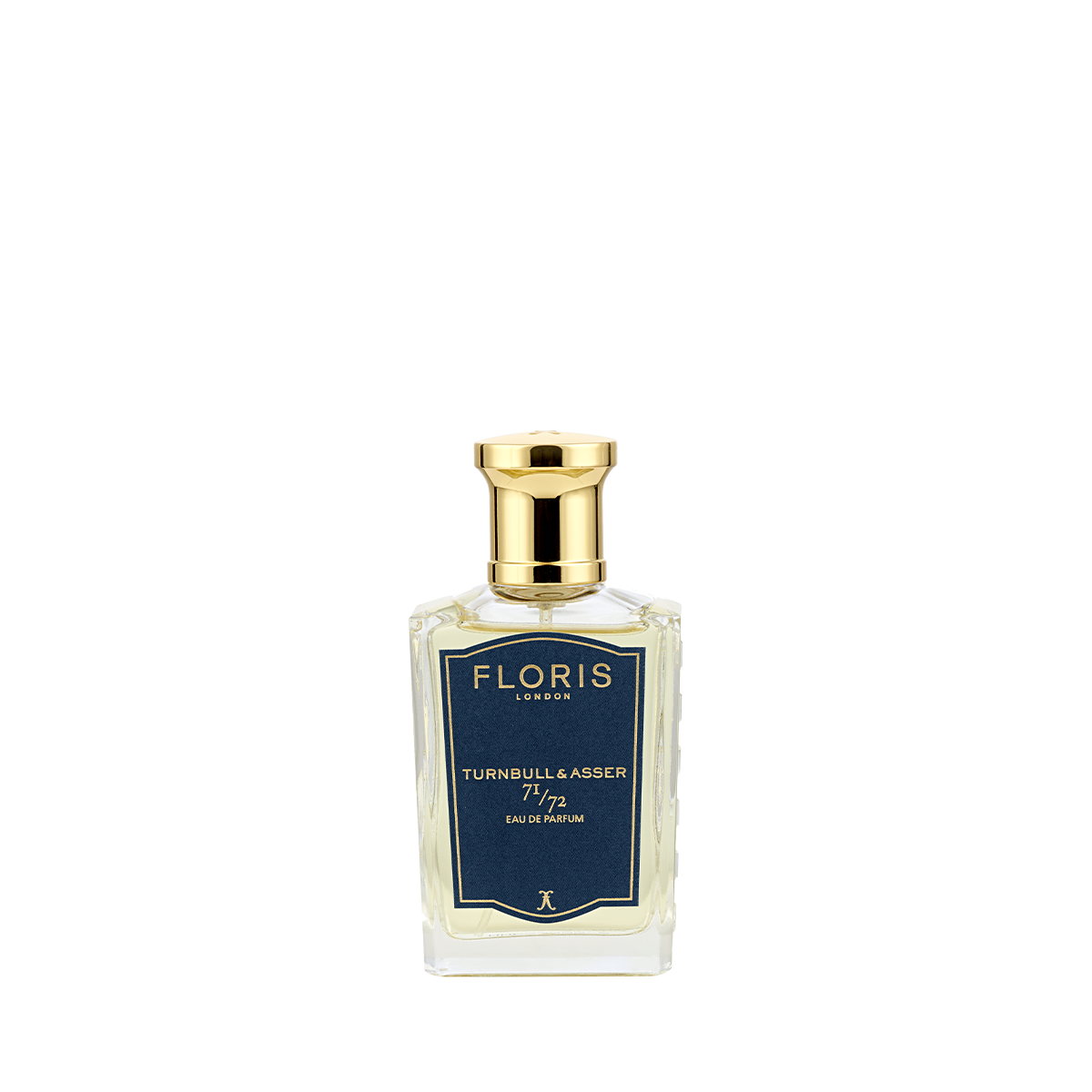 Clear glass perfume bottle with gold cap and blue "Floris London 71/72 - Eau de Parfum" label, a sophisticated woody fragrance.