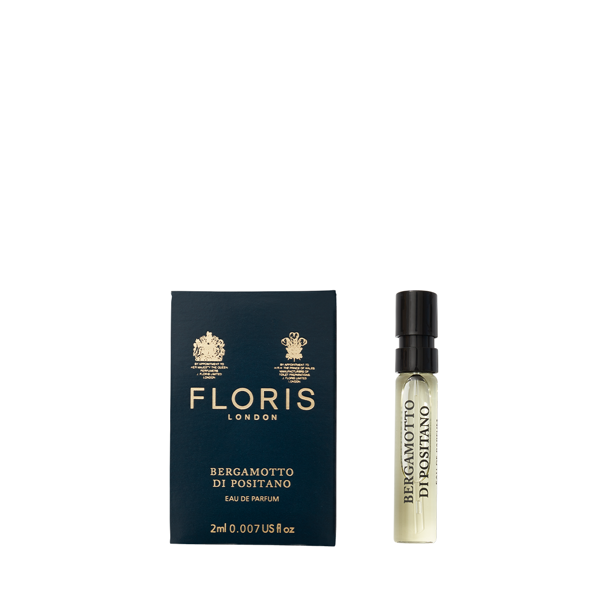 Floris London's Bergamotto di Positano Eau de Parfum 2ml, featuring orange blossom and bergamot, displayed in a box and vial on a white background.