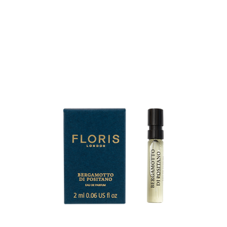 A 2ml box and vial of Floris London’s Bergamotto di Positano Eau de Parfum, featuring bergamot and marine notes, displayed on a white background.