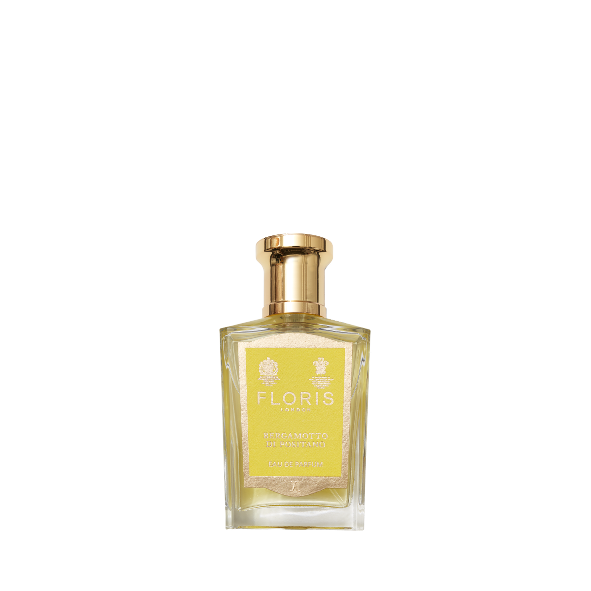 A Floris London Bergamotto di Positano Eau de Parfum with a gold cap, featuring bergamot notes.