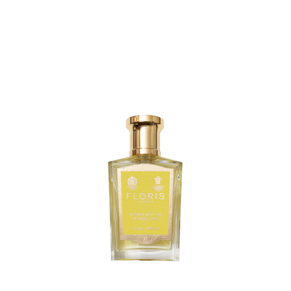 A Floris London Bergamotto di Positano Eau de Parfum with a gold cap, featuring bergamot notes.