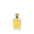 A clear glass bottle of Floris London Bergamotto di Positano Eau de Parfum, with bergamot and marine notes and a gold cap, stands on a white background.