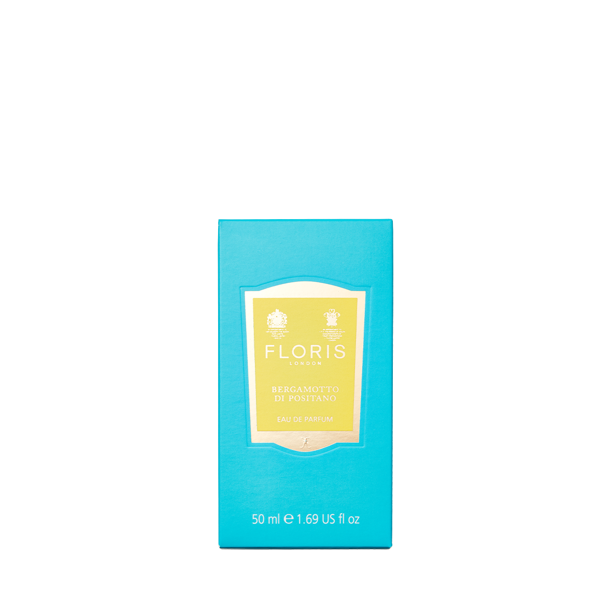 A 50ml blue Floris London Bergamotto di Positano Eau de Parfum box with a yellow label suggesting bergamot and mandarin notes.