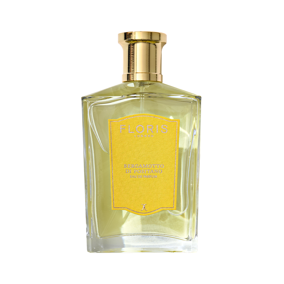 Clear glass bottle of Floris London's Bergamotto di Positano - Eau de Parfum with a gold cap, yellow label, and a hint of bergamot essence.
