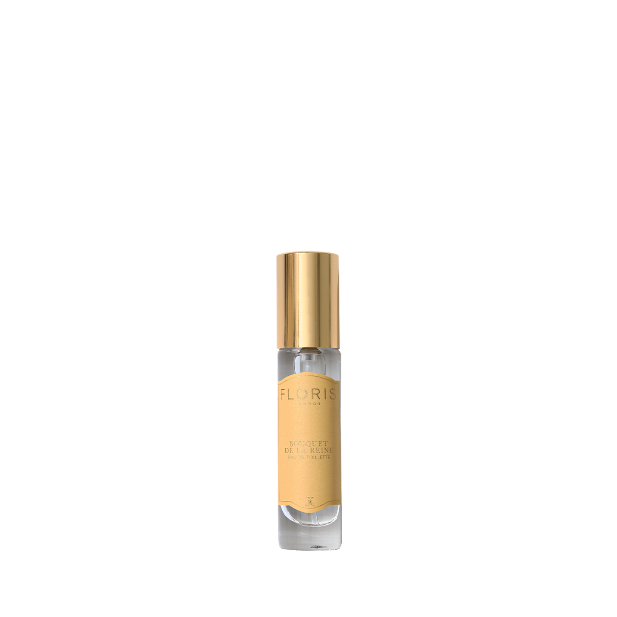 A small bottle of Floris London Bouquet de La Reine Eau de Toilette with a gold cap and beige label on a white background, offering fruity floral notes.
