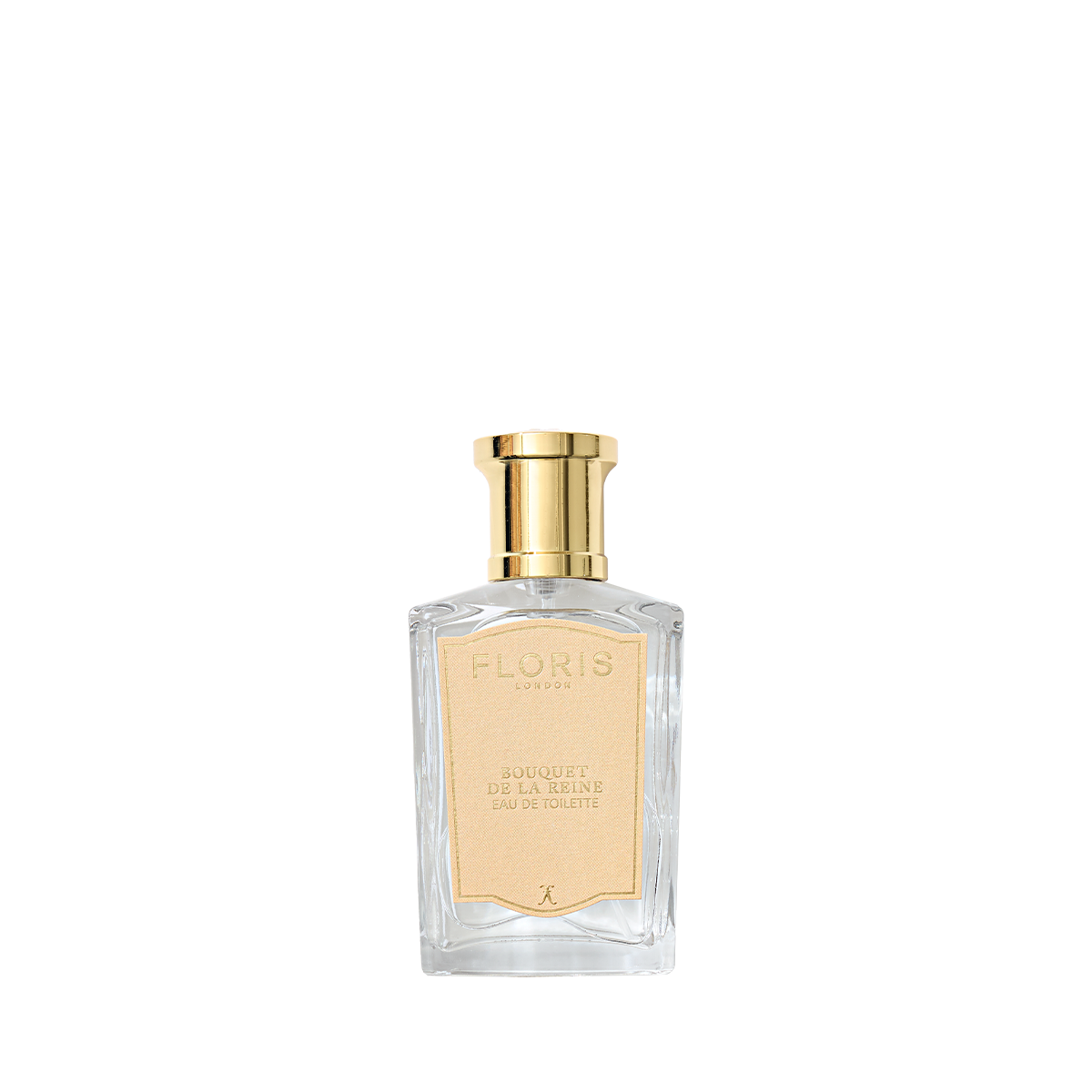 Transparent glass bottle with a cream label, "Bouquet de La Reine - Eau de Toilette" by Floris London, gold cap, and a fruity floral effervescence.
