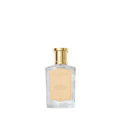 Transparent glass bottle with a cream label, "Bouquet de La Reine - Eau de Toilette" by Floris London, gold cap, and a fruity floral effervescence.