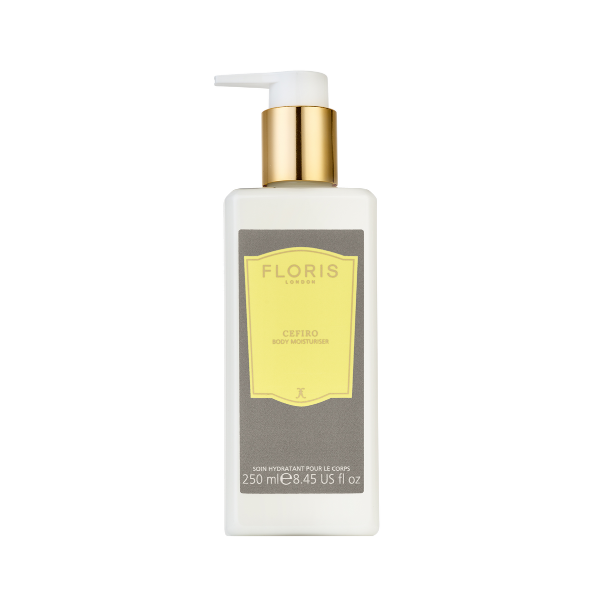 A 250ml white bottle of Floris London Cefiro – Enriched Body Moisturiser features a gold pump, yellow label, and jojoba oil for luxury hydration.