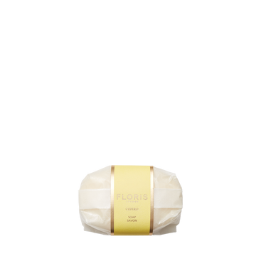 A 50g bar of Floris London Cefiro Luxury Soap with a yellow label, wrapped and centered on a white background.