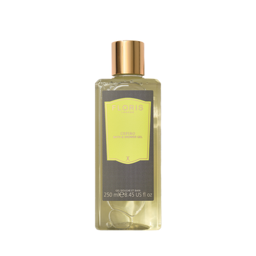 A luxurious Floris London Cefiro 250ml bath & shower gel with a gold cap, enriched with olive oil and a refreshing citrus scent.