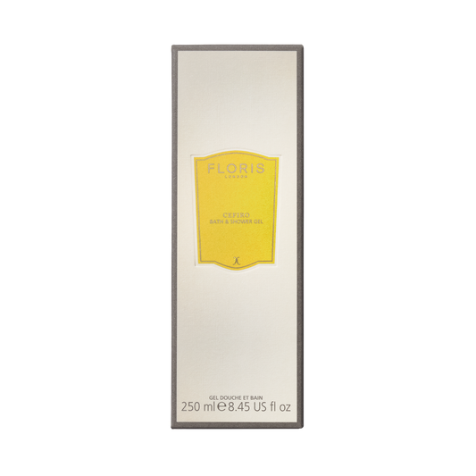 Floris London's Cefiro Bath & Shower Gel, 250ml with a citrus scent, is packaged in a rectangular box featuring a yellow label.