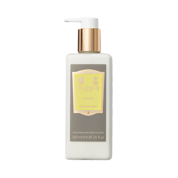 Floris London's Cefiro Body Moisturiser, 250ml: white bottle with gold cap, infused with Cefiro fragrance and jojoba oil.