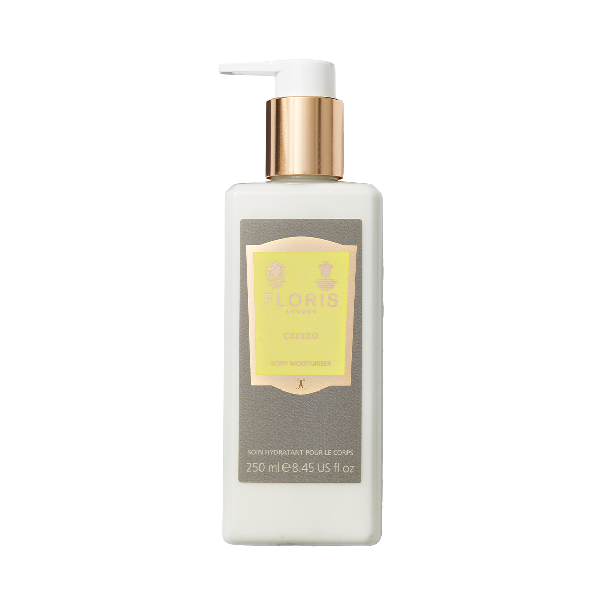 Floris London's Cefiro Body Moisturiser, 250ml: white bottle with gold cap, infused with Cefiro fragrance and jojoba oil.