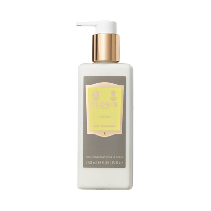 Floris London's Cefiro Body Moisturiser, 250ml: white bottle with gold cap, infused with Cefiro fragrance and jojoba oil.