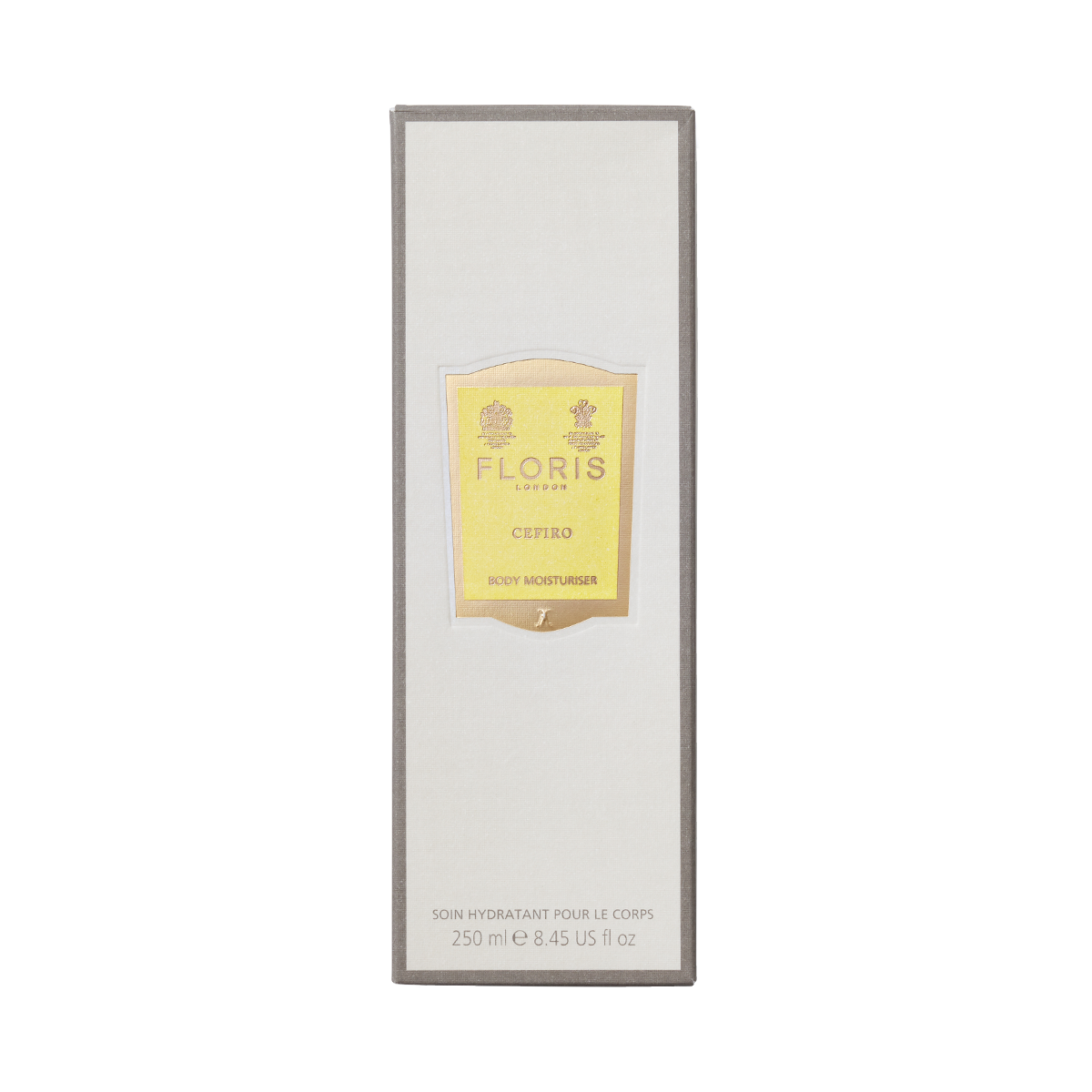 Floris London Cefiro Body Moisturiser 250ml, rectangular box with a yellow label on cream, enriched with jojoba oil for enhanced skincare benefits.