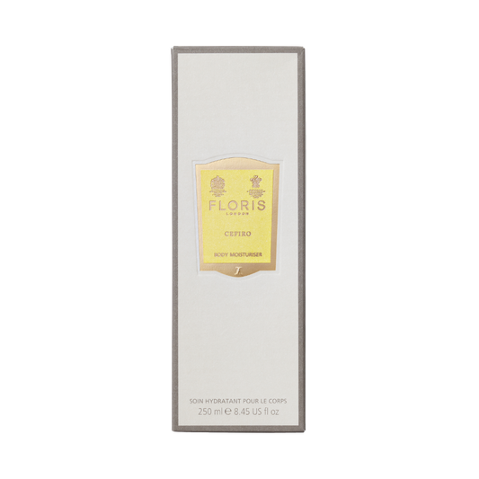 Floris London Cefiro Body Moisturiser 250ml, rectangular box with a yellow label on cream, enriched with jojoba oil for enhanced skincare benefits.