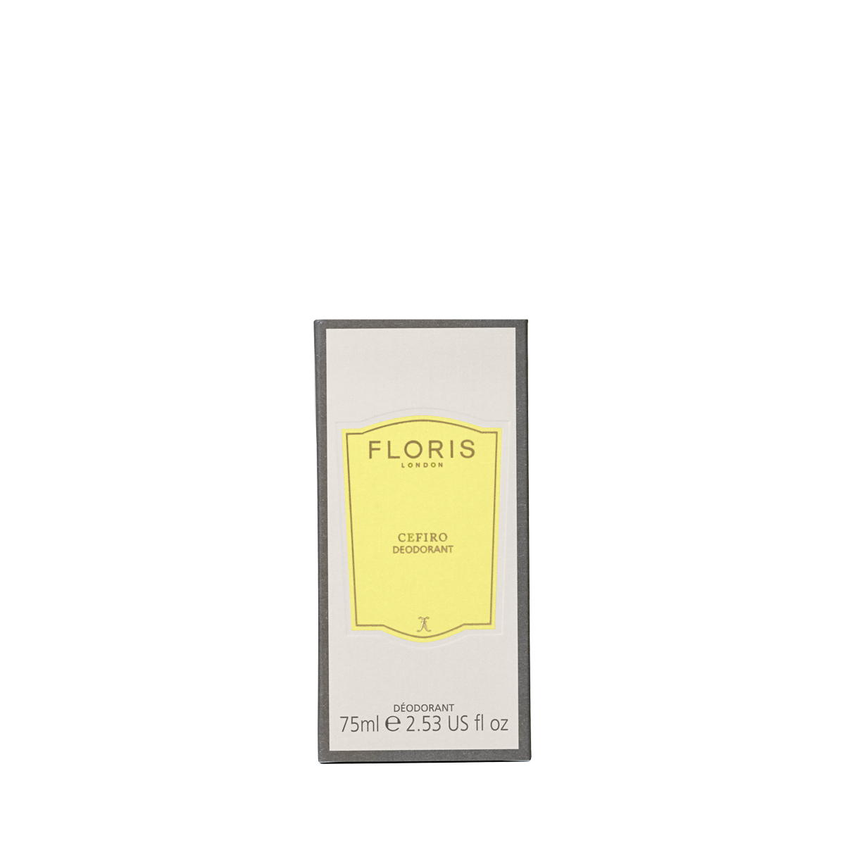 A 75ml Floris London Cefiro Deodorant Stick in a rectangular box, yellow label, light background with gray edges. Aluminium-free formula.