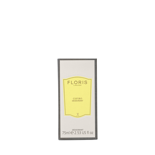 A 75ml Floris London Cefiro Deodorant Stick in a rectangular box, yellow label, light background with gray edges. Aluminium-free formula.
