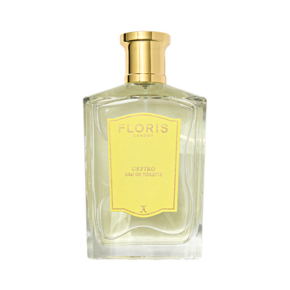 Elegant Floris London Cefiro - Eau de Toilette featuring a golden cap, yellow label, and refreshing citrus notes.