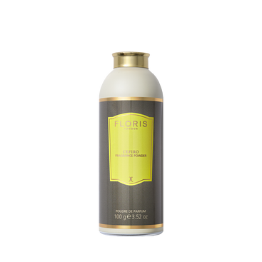 A bottle of Floris London's Cefiro Fragrance Powder with a yellow and brown label offers a refreshing citrus floral scent.
