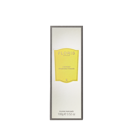 Yellow packaging of Floris London's Cefiro Fragrance Powder, featuring a citrus floral scent, shown on a white background.