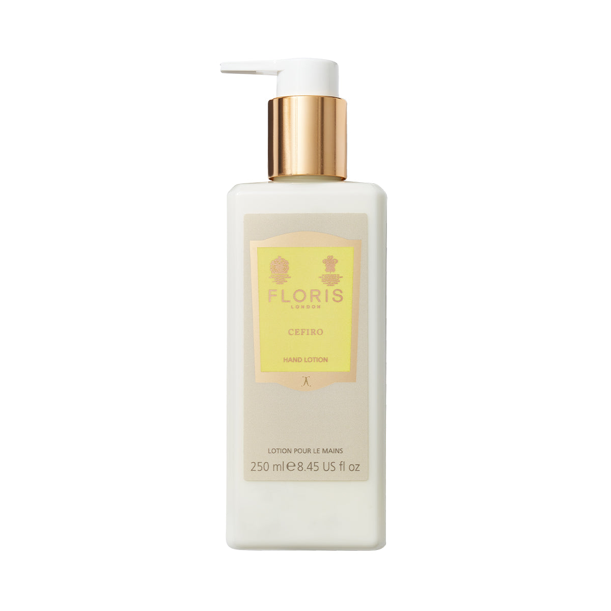 A 250ml Floris London Cefiro Luxury Hand Lotion with pump, gold cap, contains sweet almond oil. Ideal for nourishing dry skin, elegantly in yellow.