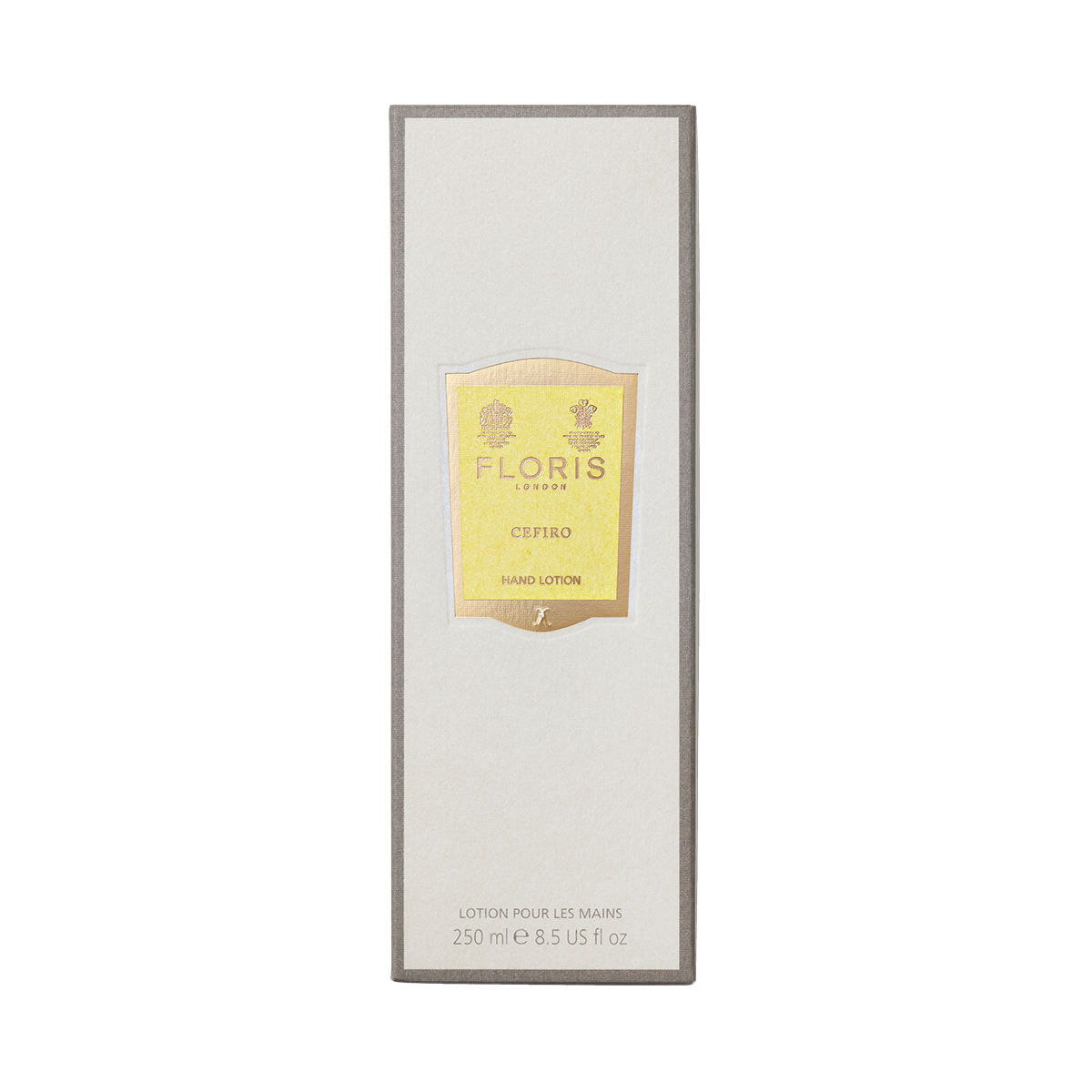 A Floris London Cefiro hand lotion box with a yellow label, rich in sweet almond oil for dry skin, contains a 250 ml bottle.