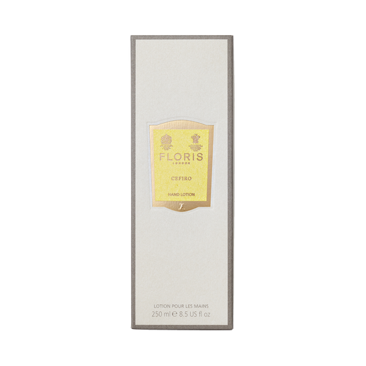A Floris London Cefiro hand lotion box with a yellow label, rich in sweet almond oil for dry skin, contains a 250 ml bottle.