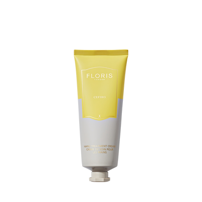 Yellow and gray tube of Floris London Cefiro Hand Treatment Cream, 75ml, perfect for very dry hands, standing upright on a white background.