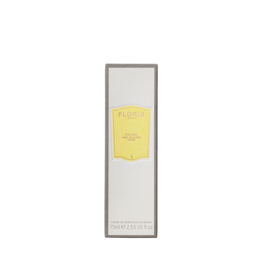 The 75ml Cefiro Hand Treatment Cream from Floris London has a rectangular box with "Floris" and "Cefiro" on the yellow label, ideal for dry hands.