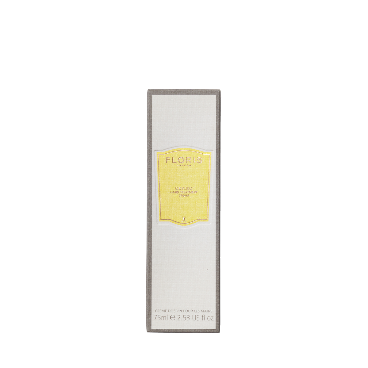 The 75ml Cefiro Hand Treatment Cream from Floris London has a rectangular box with "Floris" and "Cefiro" on the yellow label, ideal for dry hands.