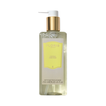 Clear Floris London Cefiro Luxury Hand Wash, 250ml with a gold pump, light yellow label, and a coconut and olive-derived citrus floral scent.