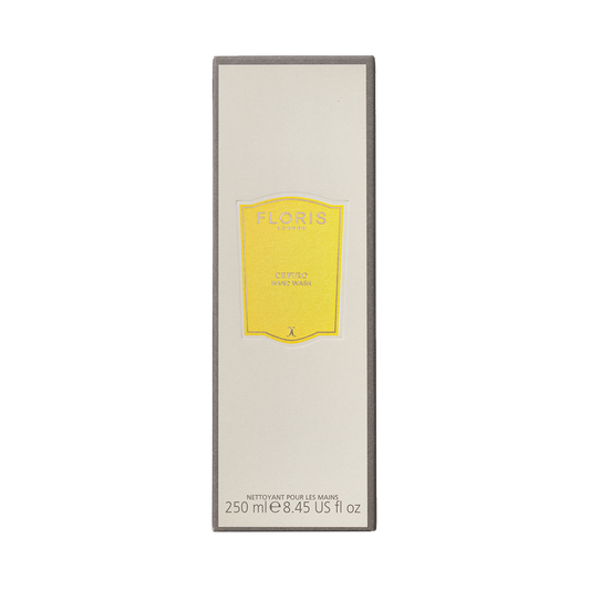 Floris London's Cefiro Hand Wash 250ml, in a cream rectangular bottle with a yellow label, offers a refreshing citrus floral scent against a white background.