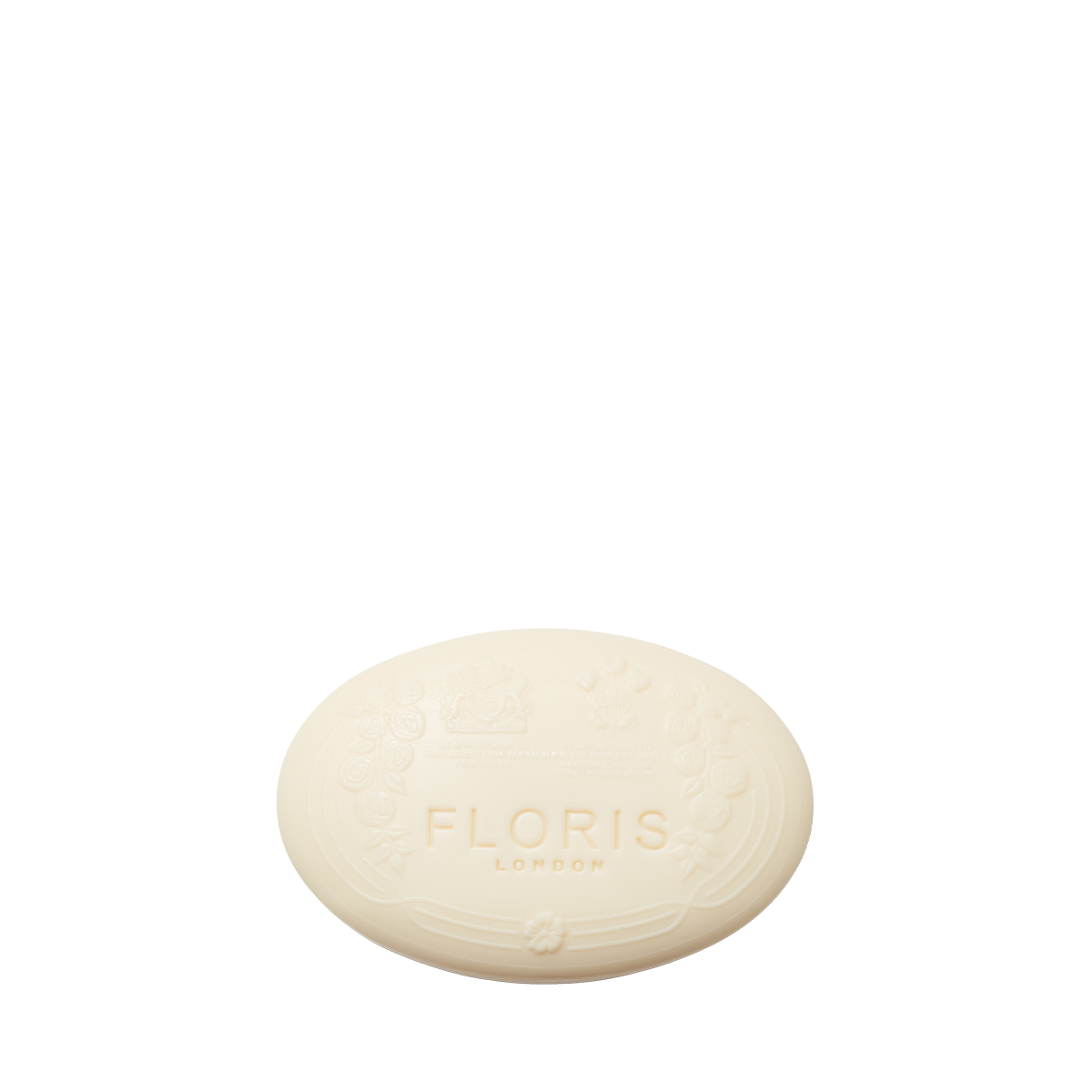 Oval white Cefiro Soap by Floris London, embossed with a floral design, offers a creamy shea butter-enriched lather.