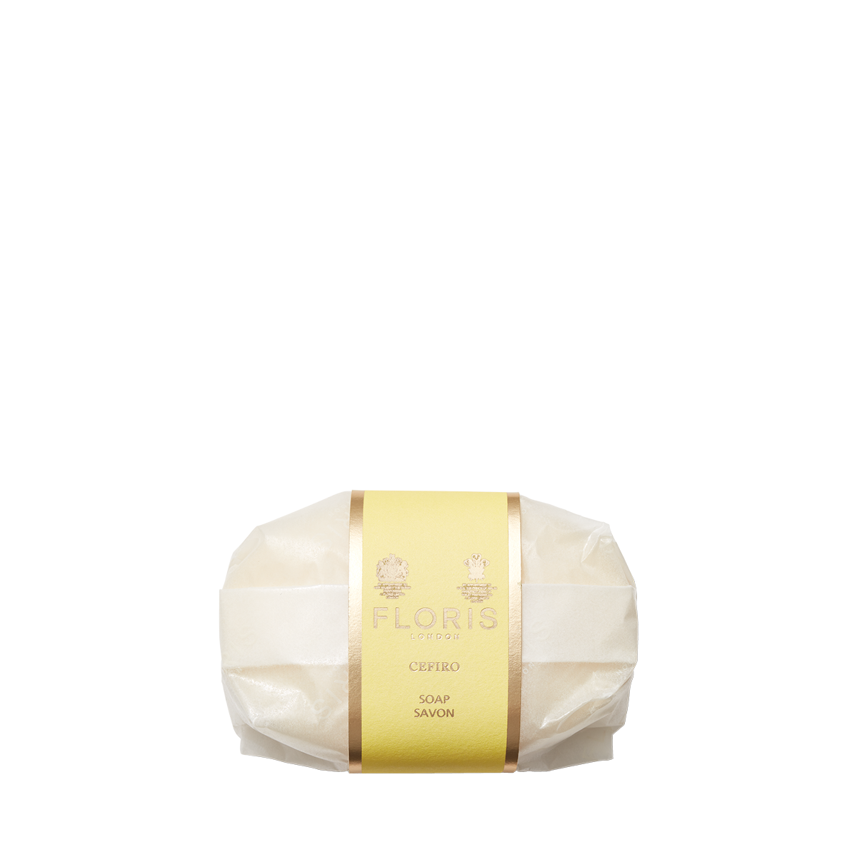 A bar of Floris London Cefiro Soap in yellow and white packaging, enriched with shea butter for a creamy lather.