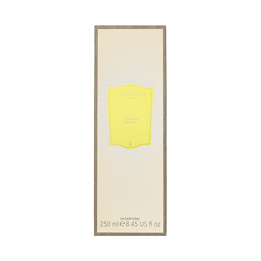 Floris London Cefiro Shampoo, enriched with Pro-Vitamin B5, comes in a beige box with a yellow label and 250ml (8.45 US fl oz) size at the bottom.