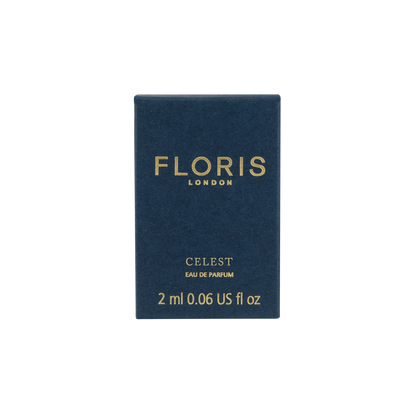 A 2ml Celest - Eau de Parfum box by Floris London UK in navy blue, featuring gold text on a white background.