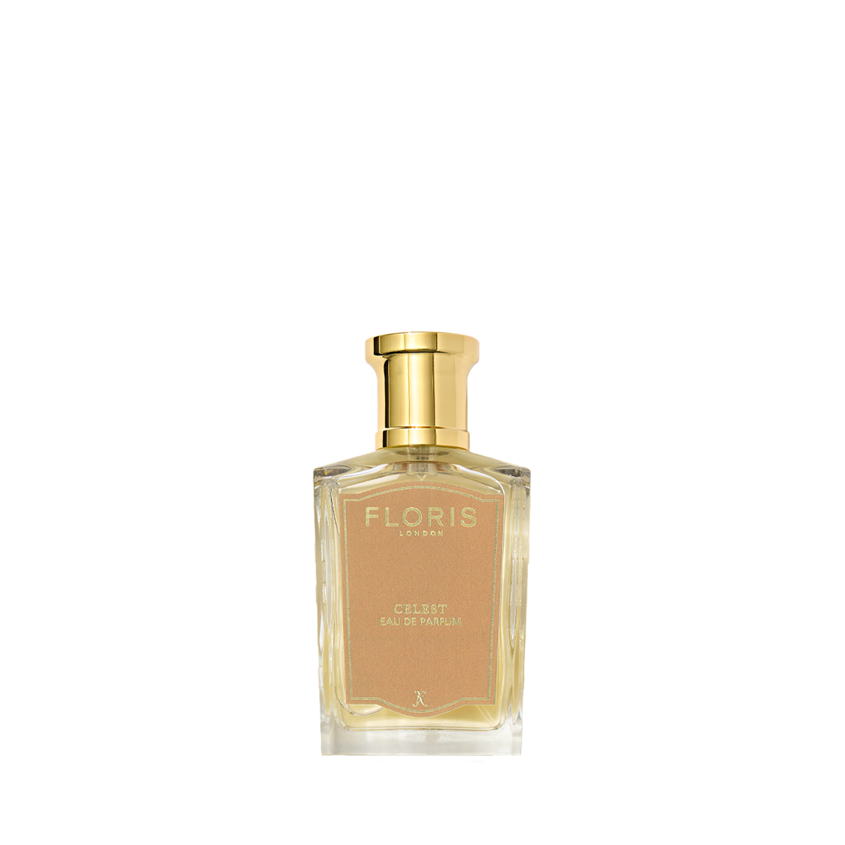A bottle of Celest - Eau de Parfum by Floris London UK with a gold cap and label displayed against a white background.